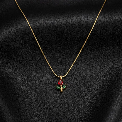Tulip Pendant Necklace for Women – 18K Gold Plated Anti-Tarnish Floral Necklace with Red & Green Gemstones