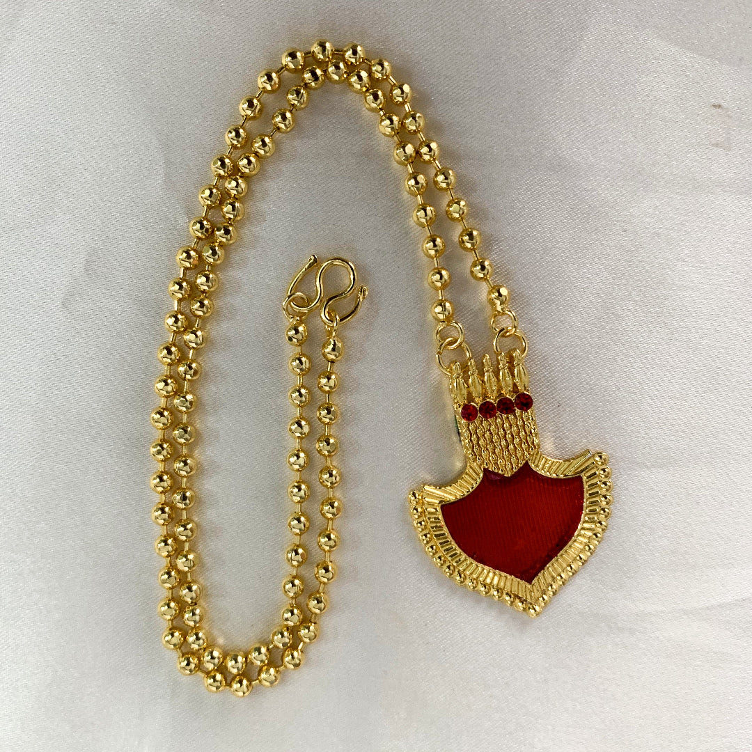 Gold-plated ball chain necklace featuring a red Palakka shield pendant – classic ethnic jewelry for women