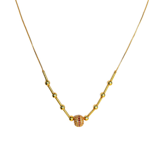 Elegant Gold Plated Beaded Chain Necklace with Red AD Stone Embellished Ball Pendant