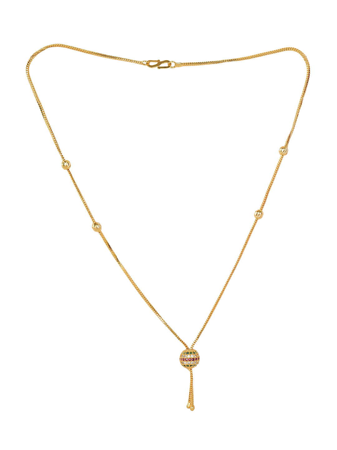 Elegant Gold-Plated Chain Necklace with Multi-Color Beaded Pendant on a white fabric background