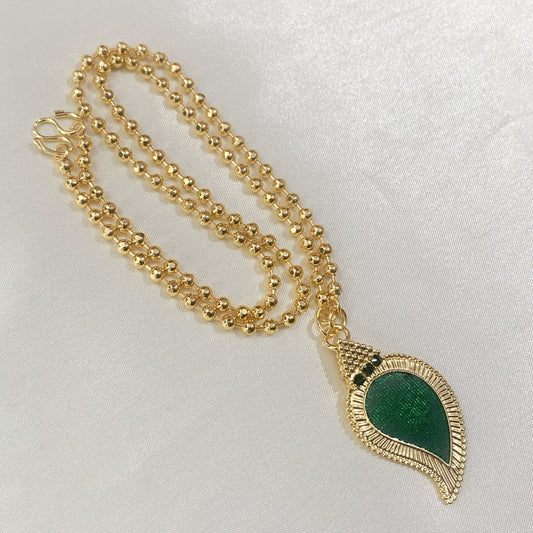 Elegant gold-toned ball chain necklace with green Manga Palakka pendant – traditional South Indian jewelry for women