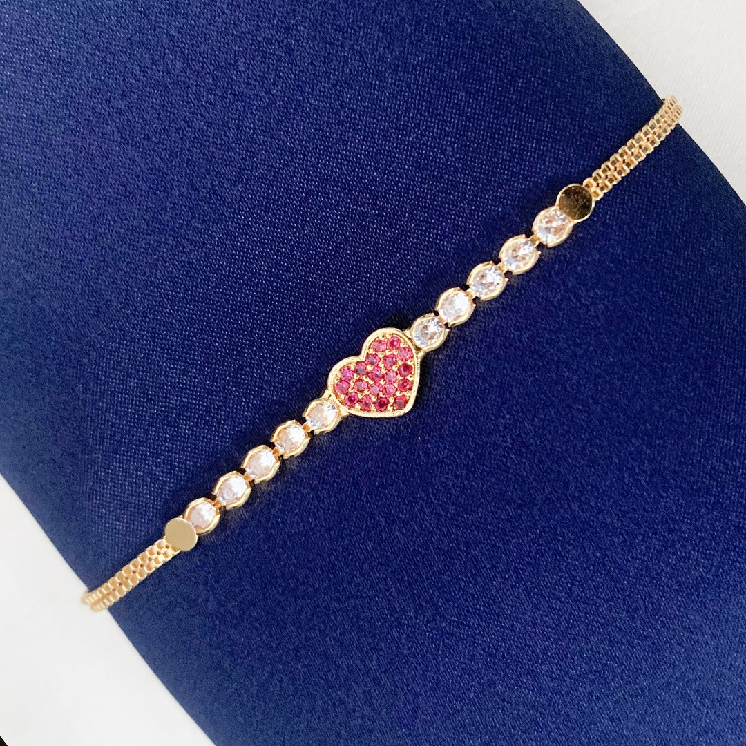 Gold-Plated AD Stone Adjustable Chain Bracelet with Ruby Heart Design
