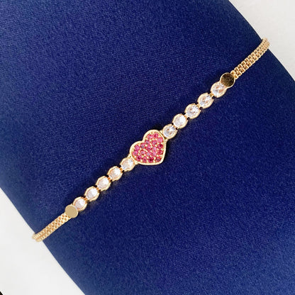 Gold-Plated AD Stone Adjustable Chain Bracelet with Ruby Heart Design