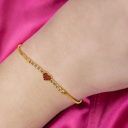 Gold-Plated AD Stone Adjustable Chain Bracelet with Ruby Heart Design