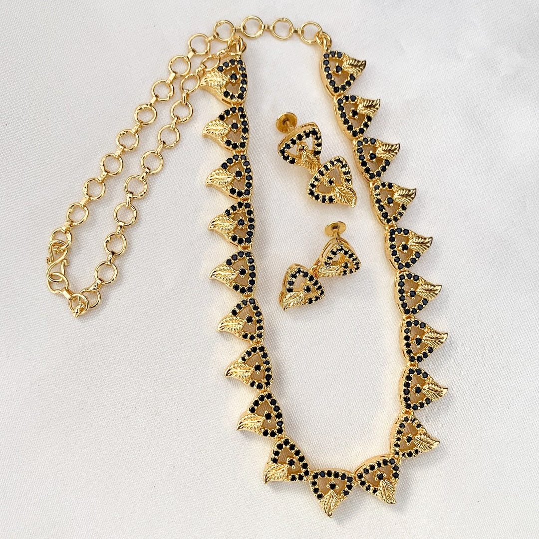 Zytoon Gold-Plated Black AD Stone Necklace Set with Matching Earrings  – Traditional Ethnic Jewelry for Women