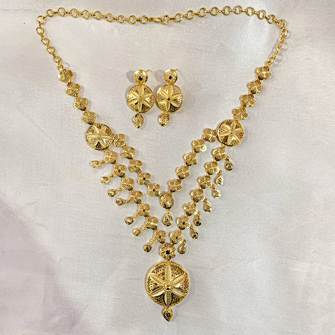 Gold-plated layered floral necklace set with matching earrings – traditional Indian jewelry for weddings and festive occasions