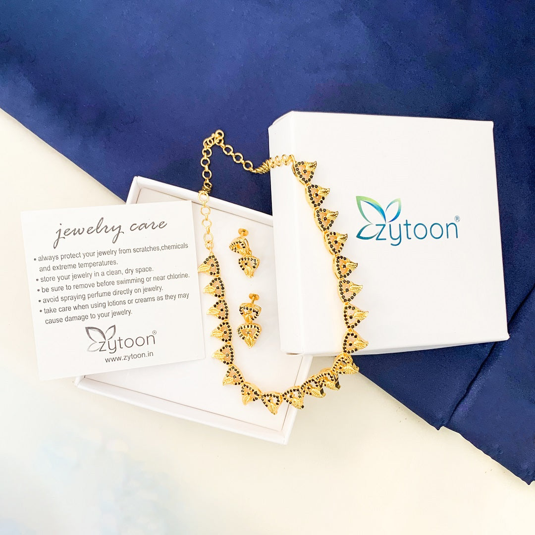 Zytoon Gold-Plated Black AD Stone Necklace Set with Matching Earrings  – Traditional Ethnic Jewelry for Women