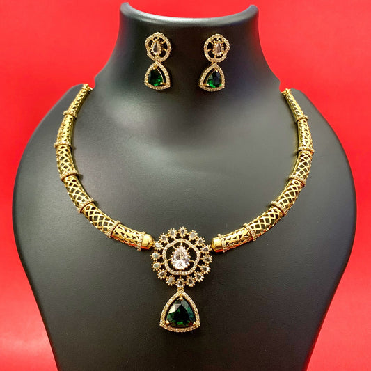 Gold-Plated Temple Necklace Set with Green Stone & Earrings