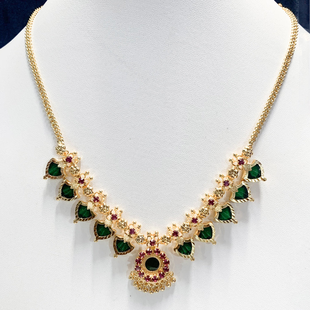 Gold-plated Palakka design necklace with green and pink accents – elegant Kerala-style jewelry for women