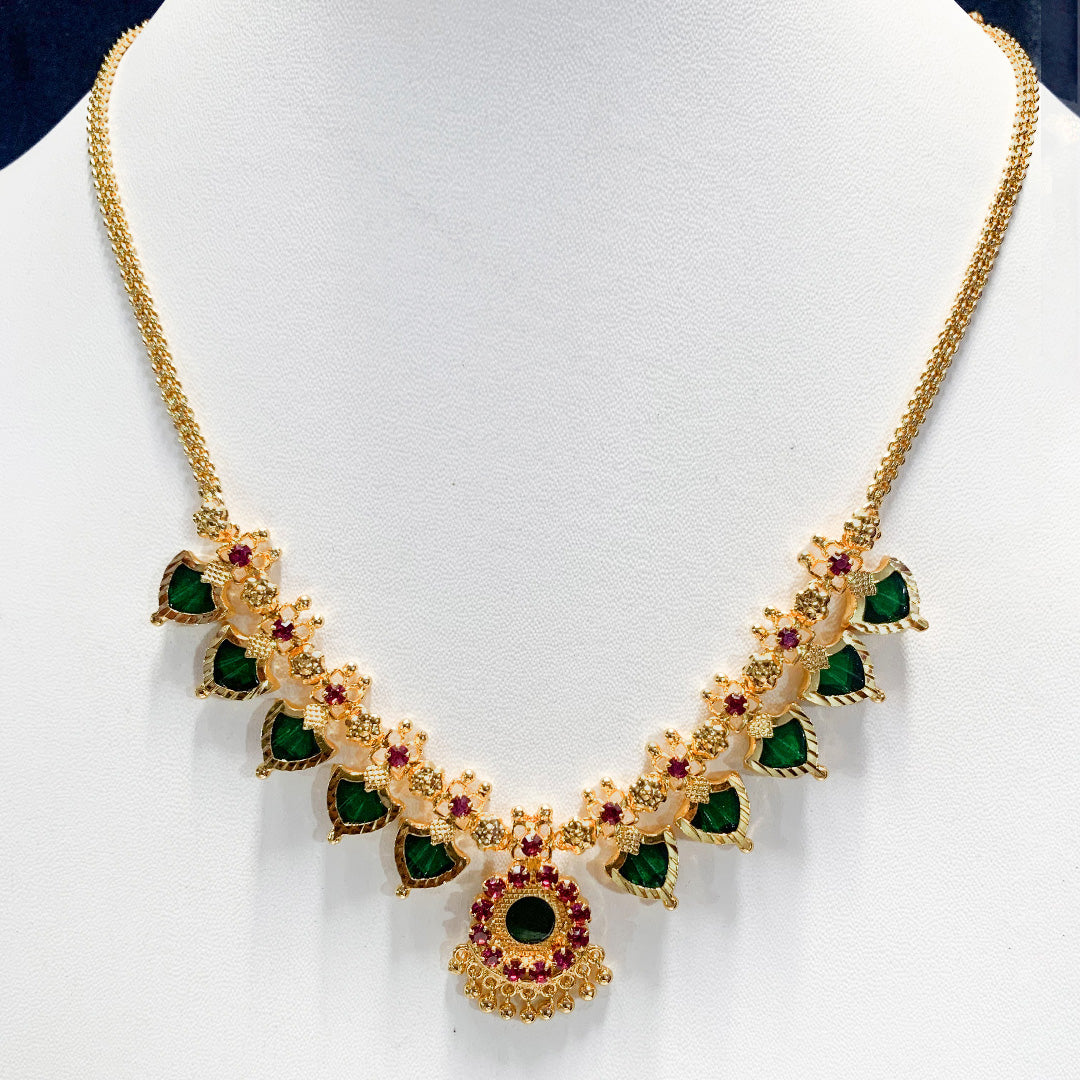 Traditional Palakka Gold-Plated Necklace with Green and Pink Stone