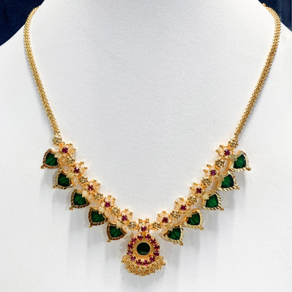 Traditional Palakka Gold-Plated Necklace with Green and Pink Stone