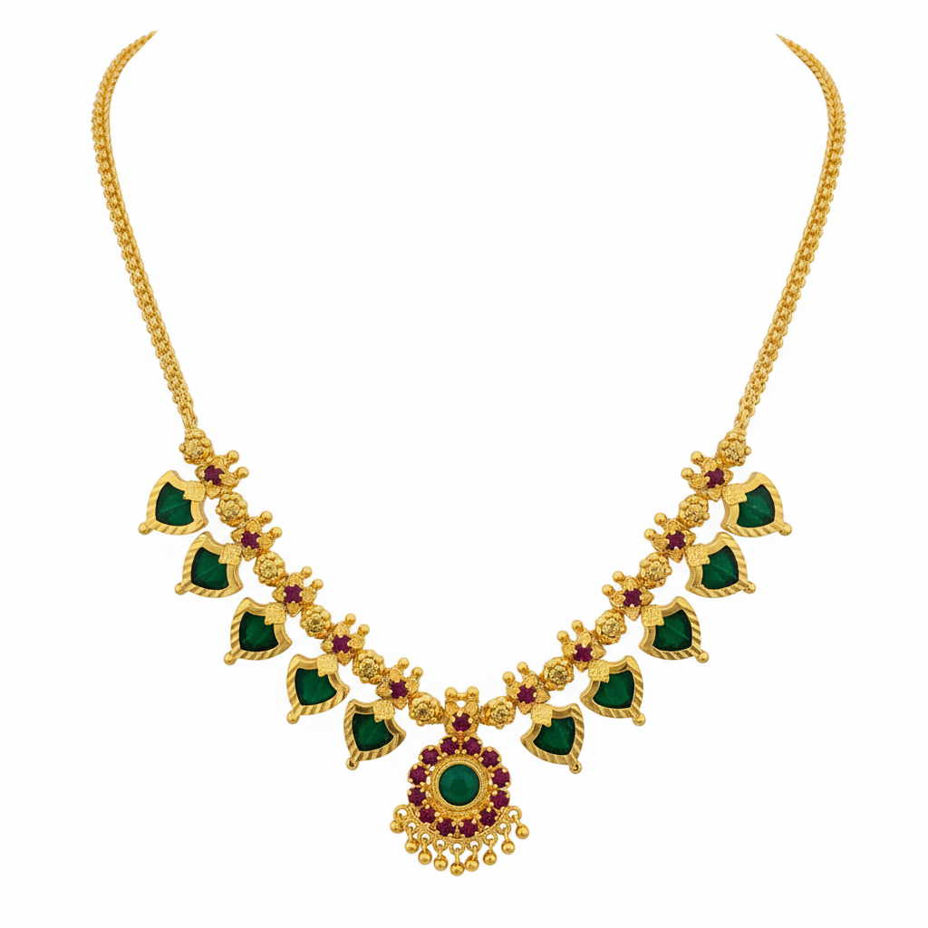 Traditional Palakka Gold-Plated Necklace with Green and Pink Stone