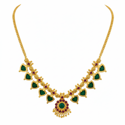 Traditional Palakka Gold-Plated Necklace with Green and Pink Stone