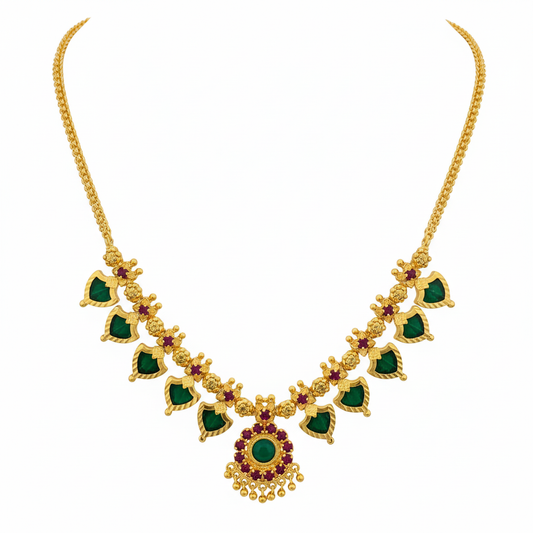 Traditional Palakka Gold-Plated Necklace with Green and Pink Stone