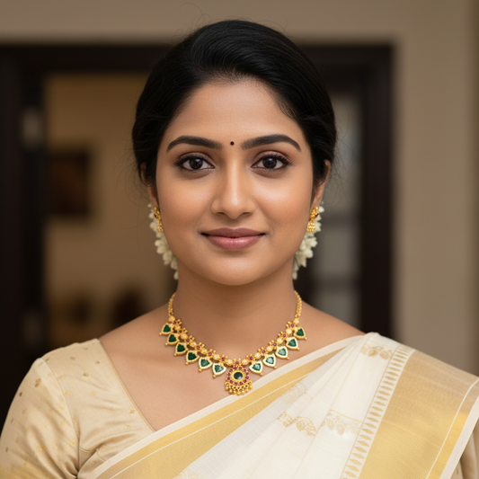 Traditional Palakka Gold-Plated Necklace with Green and Pink Stone