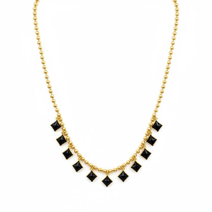Gold-Plated Beaded Necklace with Black Square Charms for Girls