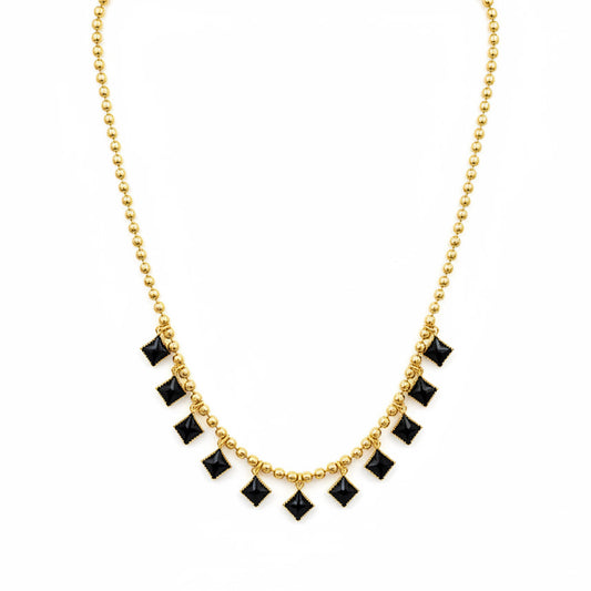 Gold-Plated Beaded Necklace with Black Square Charms for Girls