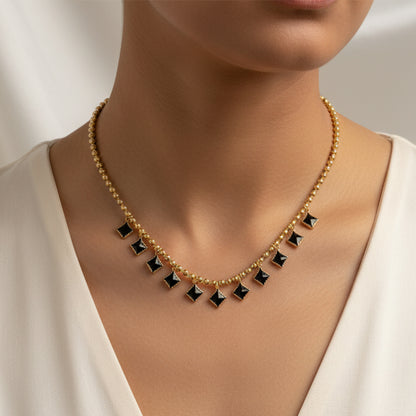 Gold-Plated Beaded Necklace with Black Square Charms for Girls