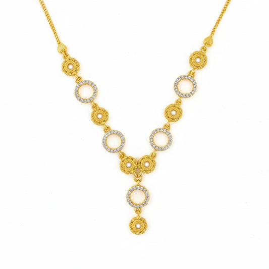 Gold-plated circle drop necklace with floral accents and CZ stones – elegant jewelry for women’s festive and daily wear