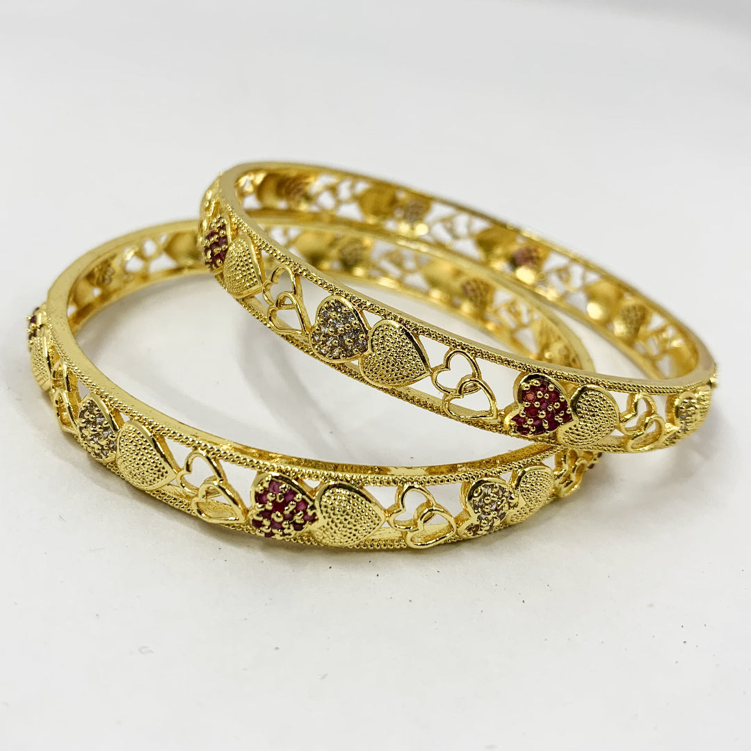 Gold-plated heart design bangles with ruby and crystal stones – elegant and feminine ethnic jewelry for women