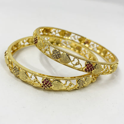 Gold-plated heart design bangles with ruby and crystal stones – elegant and feminine ethnic jewelry for women