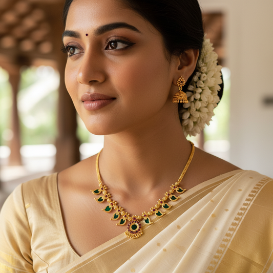 Kerala Traditional Palakka Mala Imitation Necklace with Green & Ruby Stones - Mangamala Design