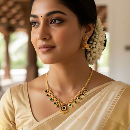 Kerala Traditional Palakka Mala Imitation Necklace with Green & Ruby Stones - Mangamala Design