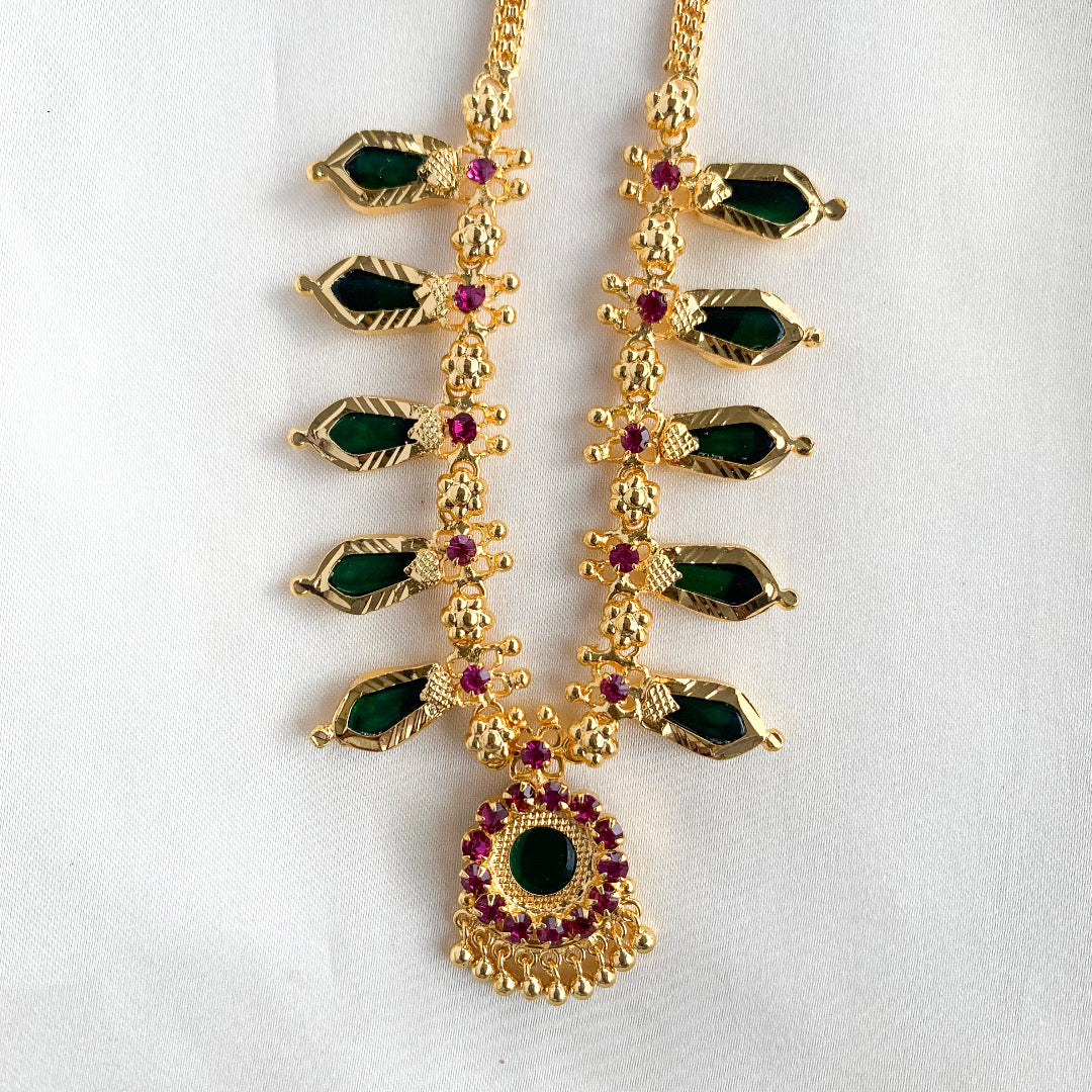 Kerala traditional Palakka mala imitation necklace with green and ruby stones – Nagapadam design ethnic jewelry for bridal and festive wear