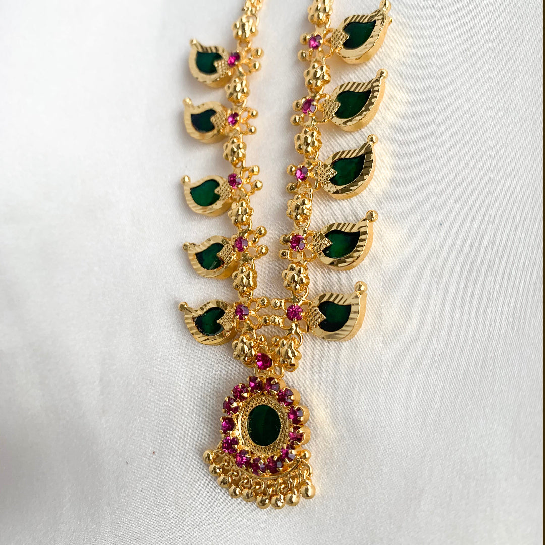 Kerala traditional Palakka mala imitation necklace with green and ruby stones – Mangamala design ethnic jewelry for bridal and festive wear