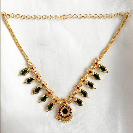 Traditional Palakka mala imitation necklace with green and ruby stones – Nagapadam design