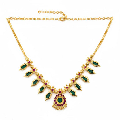 Traditional Kerala Nagapadam Necklace with Green and Ruby Stones - Palakka Design