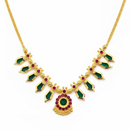 Traditional Kerala Nagapadam Necklace with Green and Ruby Stones - Palakka Design