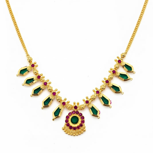 Traditional Kerala Nagapadam Necklace with Green and Ruby Stones - Palakka Design