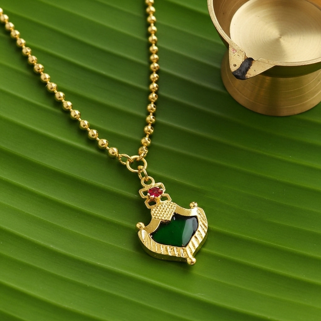 Traditional Gold Plated Palakka Pendant Necklace with Ball Chain – Kerala Ethnic Jewellery