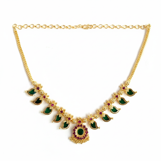 Kerala Traditional Palakka Mala Imitation Necklace with Green & Ruby Stones - Mangamala Design