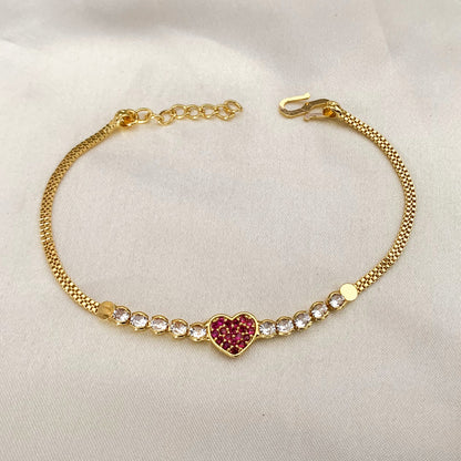 Gold-Plated AD Stone Adjustable Chain Bracelet with Ruby Heart Design
