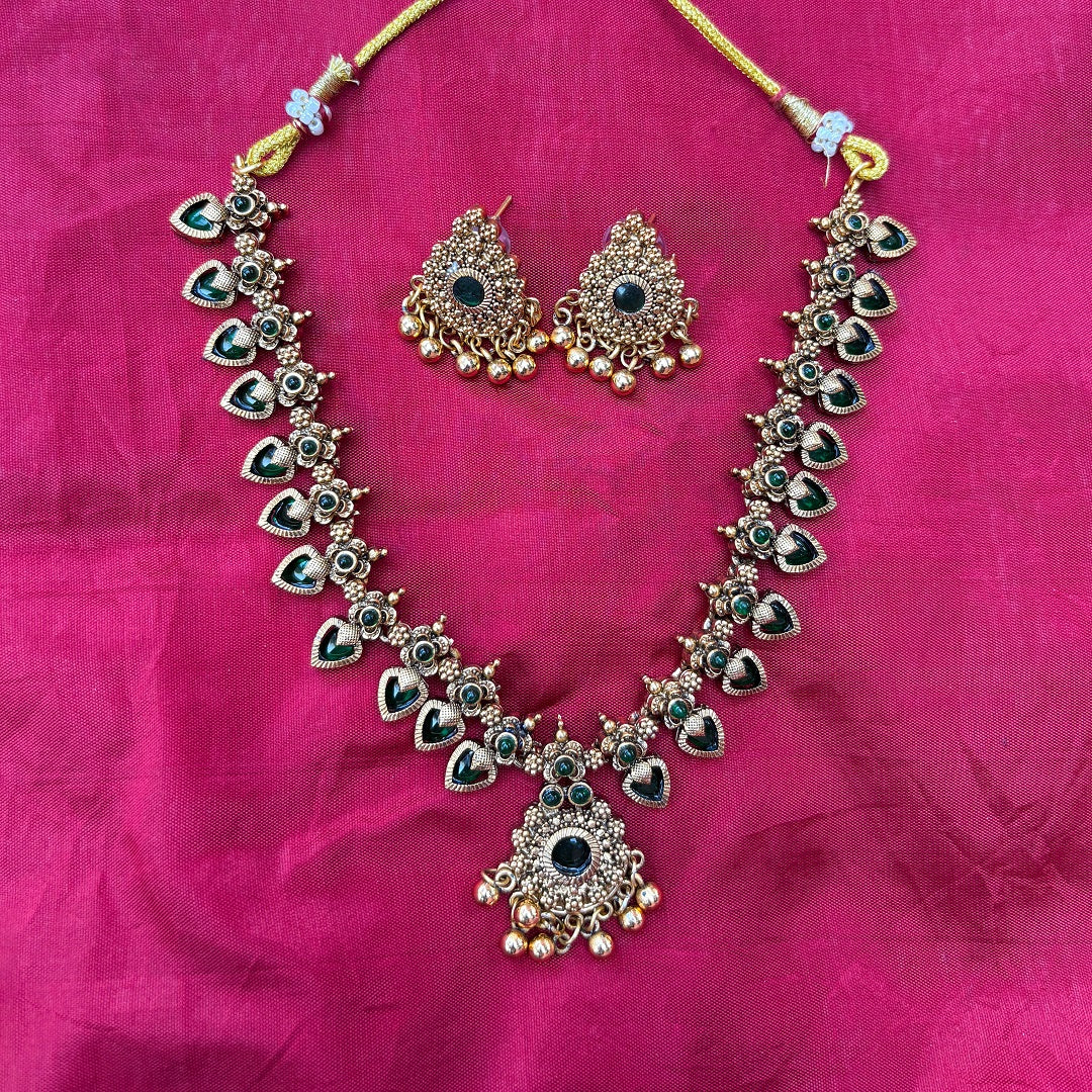 Gold-Plated Kemp Palakka Necklace Set with Green Stones & Earrings – Antique Temple Jewelry