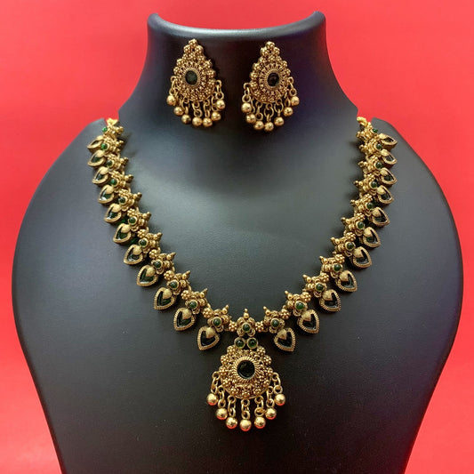 Gold-Plated Kemp Palakka Necklace Set with Green Stones & Earrings – Antique Temple Jewelry