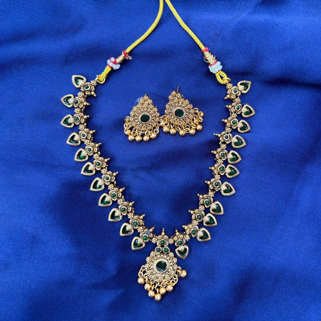 Gold-Plated Kemp Palakka Necklace Set with Green Stones & Earrings – Antique Temple Jewelry