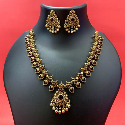 Antique Gold-Plated Kemp Palakka Necklace Set with Ruby Stones & Earrings – Traditional Temple Jewelry