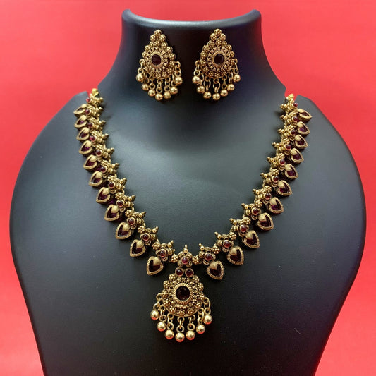 Antique Gold-Plated Kemp Palakka Necklace Set with Ruby Stones & Earrings – Traditional Temple Jewelry