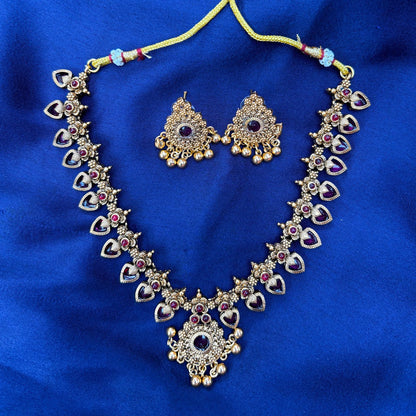 Antique Gold-Plated Kemp Palakka Necklace Set with Ruby Stones & Earrings – Traditional Temple Jewelry