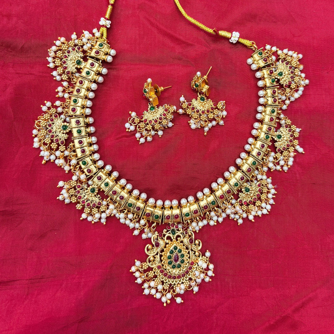 Antique Gold Plated Kemp Temple Necklace with Pearl Drops & Earrings