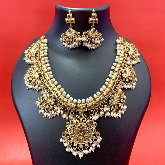 Antique Gold Plated Kemp Temple Necklace with Pearl Drops & Earrings