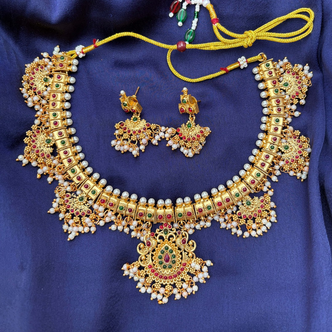 Antique Gold Plated Kemp Temple Necklace with Pearl Drops & Earrings
