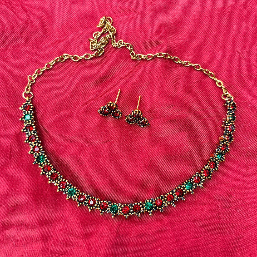 Antique Gold Plated Red & Green Floral Stone Necklace with Stud Earrings