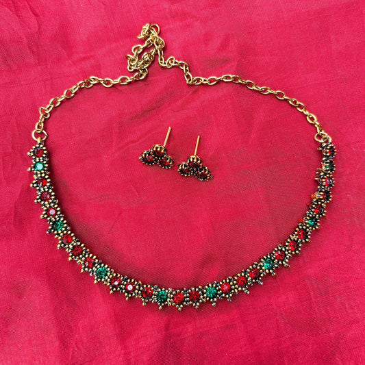 Antique Gold Plated Red & Green Floral Stone Necklace with Stud Earrings