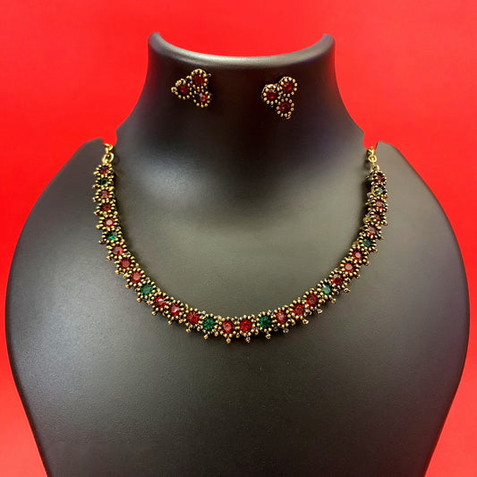 Antique Gold Plated Red & Green Floral Stone Necklace with Stud Earrings