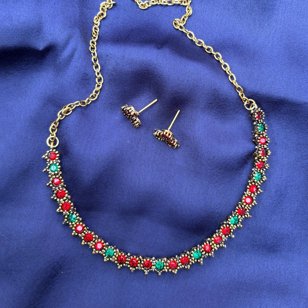 Antique Gold Plated Red & Green Floral Stone Necklace with Stud Earrings