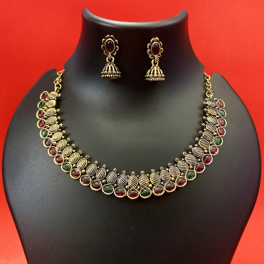 Antique Gold Plated Red & Green Stone Choker Necklace with Jhumka Earrings